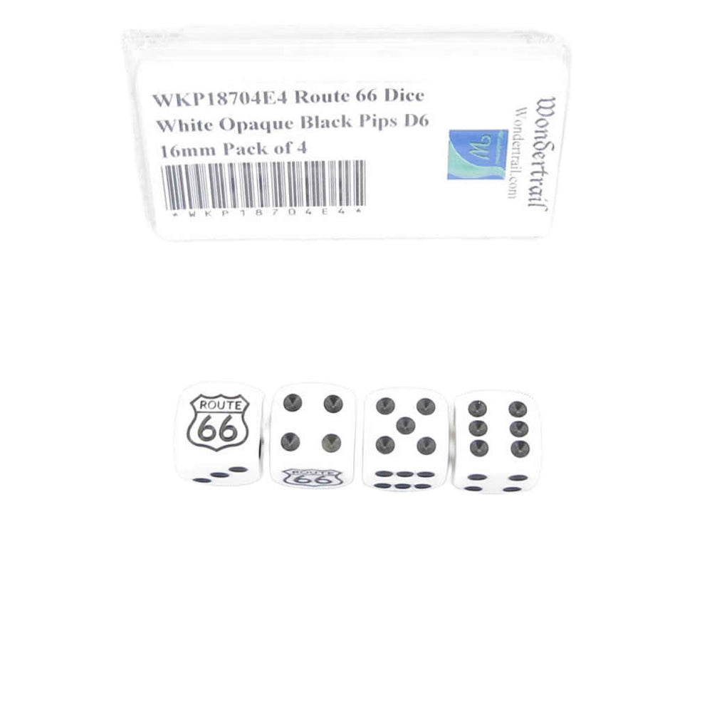 WKP18704E4 Route 66 Dice White Opaque Black Pips D6 16mm Pack of 4 (ONLINE ORDER ONLY)