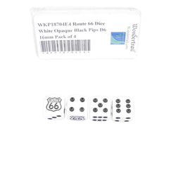WKP18704E4 Route 66 Dice White Opaque Black Pips D6 16mm Pack of 4 (ONLINE ORDER ONLY)