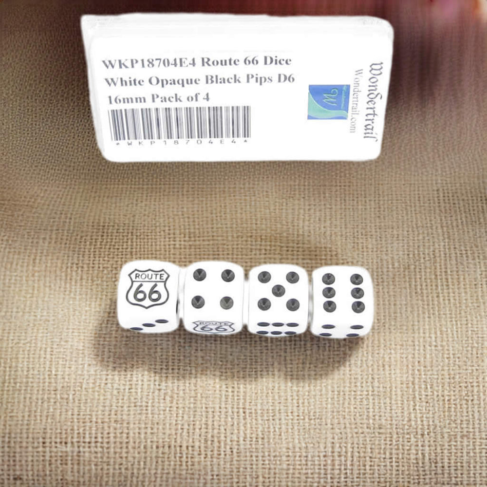 WKP18704E4 Route 66 Dice White Opaque Black Pips D6 16mm Pack of 4 (ONLINE ORDER ONLY)