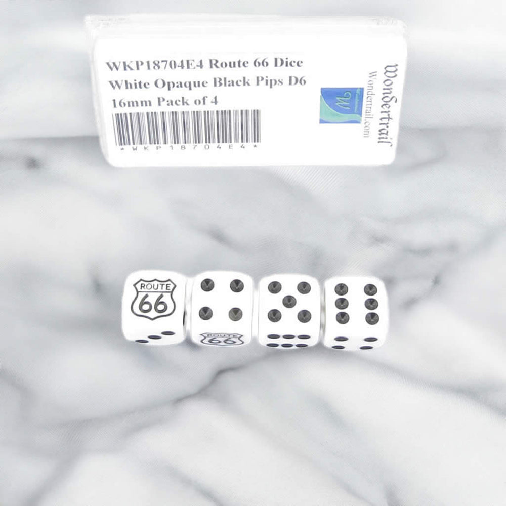 WKP18704E4 Route 66 Dice White Opaque Black Pips D6 16mm Pack of 4 (ONLINE ORDER ONLY)