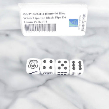 WKP18704E4 Route 66 Dice White Opaque Black Pips D6 16mm Pack of 4 (ONLINE ORDER ONLY)