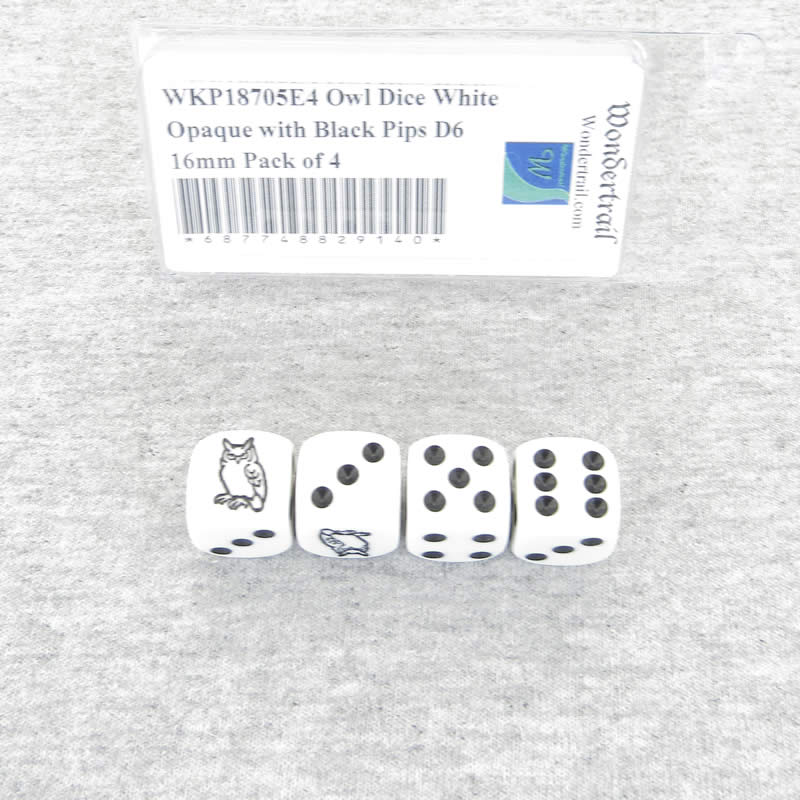 WKP18705E4 Owl Dice White Opaque with Black Pips D6 16mm Pack of 4 (ONLINE ORDER ONLY)