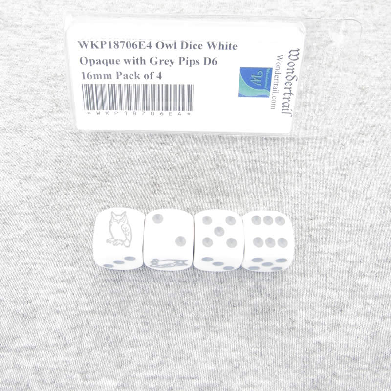 WKP18706E4 Owl Dice White Opaque with Grey Pips D6 16mm (5/8in) Pack of 4 Dice (ONLINE ORDER ONLY)