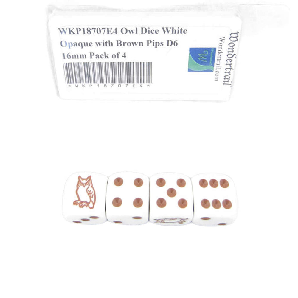 WKP18707E4 Owl Dice White Opaque with Brown Pips D6 16mm Pack of 4 (ONLINE ORDER ONLY)