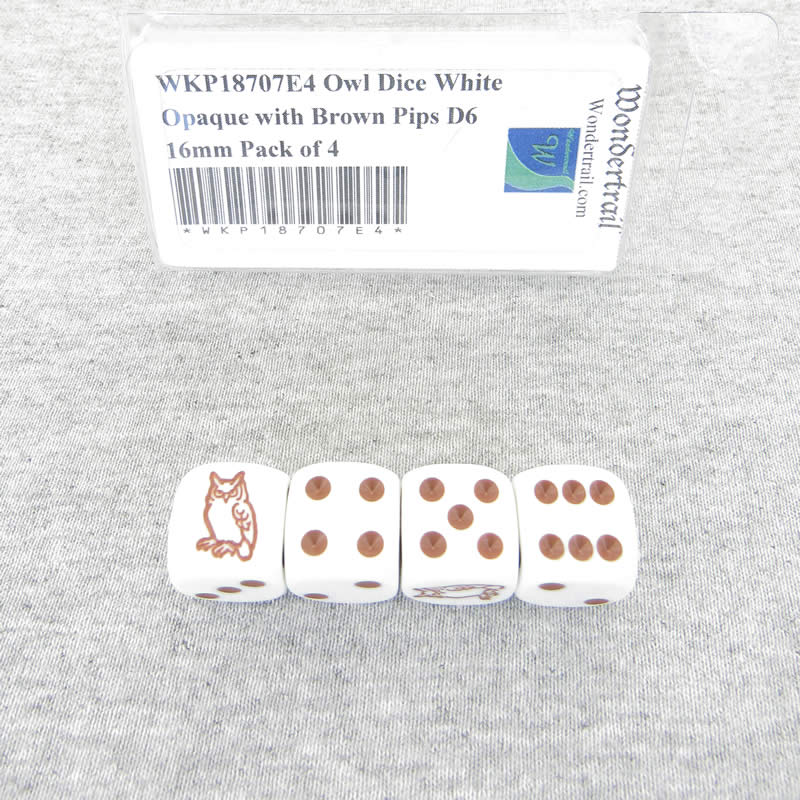 WKP18707E4 Owl Dice White Opaque with Brown Pips D6 16mm Pack of 4 (ONLINE ORDER ONLY)