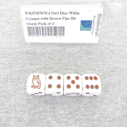 WKP18707E4 Owl Dice White Opaque with Brown Pips D6 16mm Pack of 4 (ONLINE ORDER ONLY)