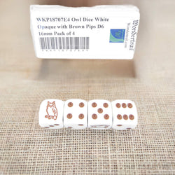 WKP18707E4 Owl Dice White Opaque with Brown Pips D6 16mm Pack of 4 (ONLINE ORDER ONLY)