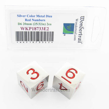 WKP18733E2 Metal Dice D6 Silver With Red Pips 20mm (25/32in) Pack of 2 (ONLINE ORDER ONLY)