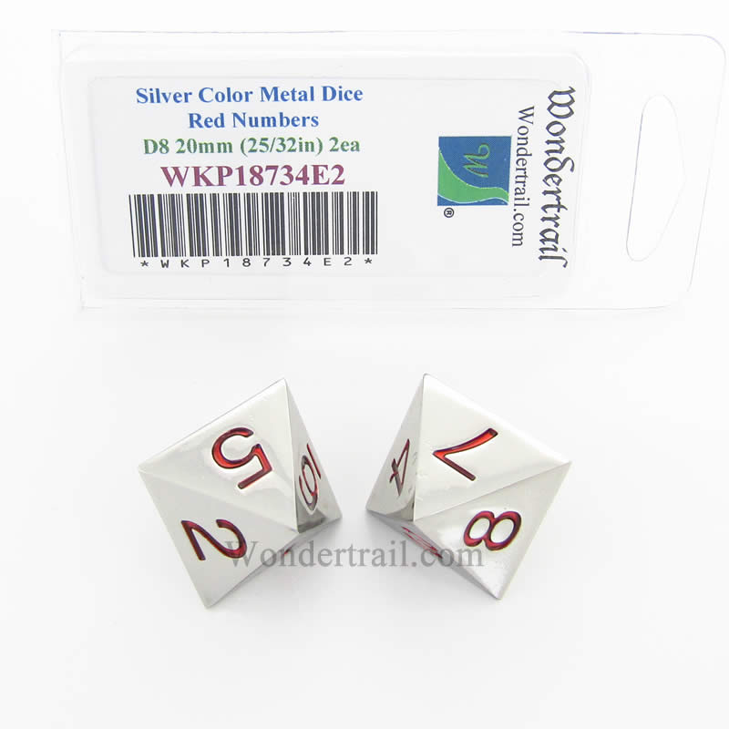 WKP18734E2 Metal Dice D8 Silver With Red Numbers 20mm (25/32in) Pack of 2 (ONLINE ORDER ONLY)
