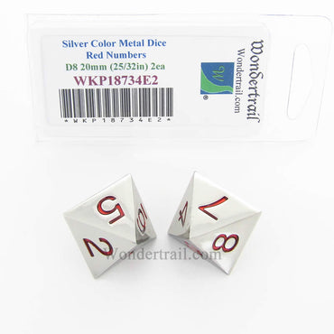 WKP18734E2 Metal Dice D8 Silver With Red Numbers 20mm (25/32in) Pack of 2 (ONLINE ORDER ONLY)
