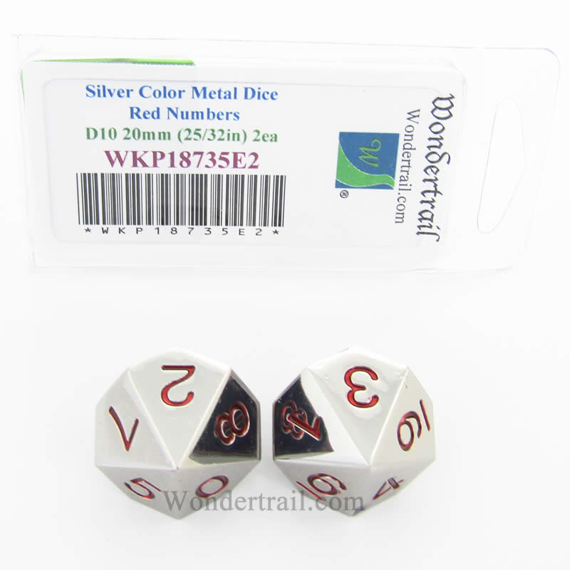 WKP18735E2 Metal Dice D10 Silver With Red Numbers 20mm (25/32in) Pack of 2 (ONLINE ORDER ONLY)