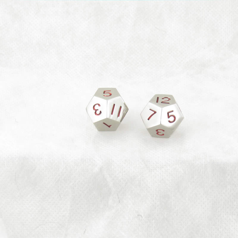 WKP18736E2 Metal Dice D12 Silver With Red Numbers 20mm (25/32in) Pack of 2 (ONLINE ORDER ONLY)