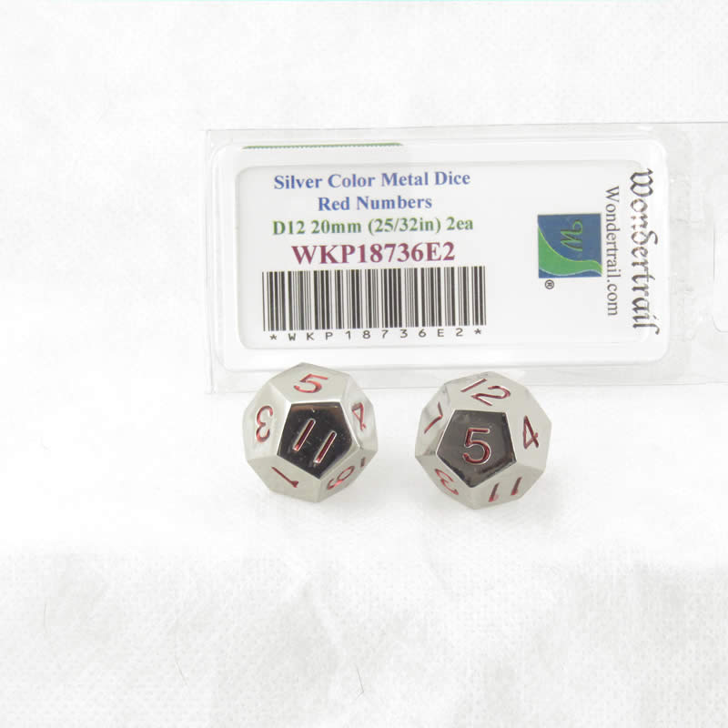 WKP18736E2 Metal Dice D12 Silver With Red Numbers 20mm (25/32in) Pack of 2 (ONLINE ORDER ONLY)
