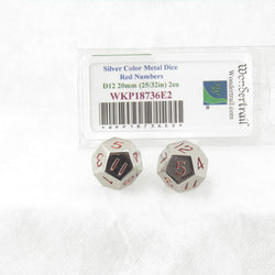 WKP18736E2 Metal Dice D12 Silver With Red Numbers 20mm (25/32in) Pack of 2 (ONLINE ORDER ONLY)