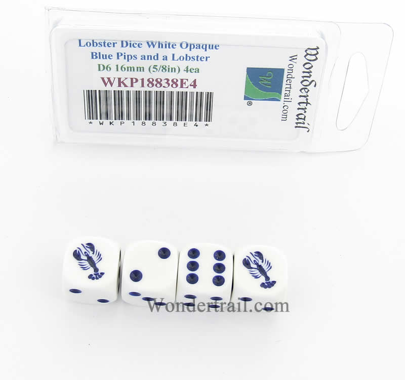 WKP18838E4 Lobster Dice D6 White Opaque Blue Pips 16mm (5/8in) Set of 4 (ONLINE ORDER ONLY)