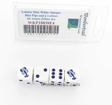 WKP18838E4 Lobster Dice D6 White Opaque Blue Pips 16mm (5/8in) Set of 4 (ONLINE ORDER ONLY)