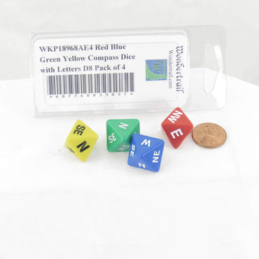 WKP18968AE4 Red Blue Green Yellow Compass Dice with Markings D8 16mm (5/8in) Pack of 4 (ONLINE ORDER ONLY)