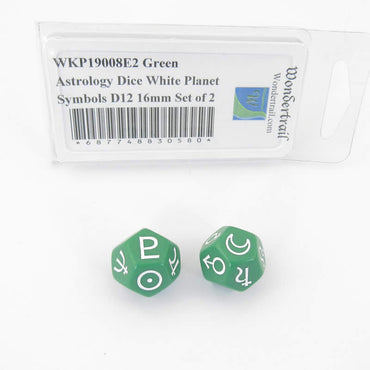 WKP19008E2 Green Astrology Dice White Planet Symbols D12 16mm Set of 2 (ONLINE ORDER ONLY)