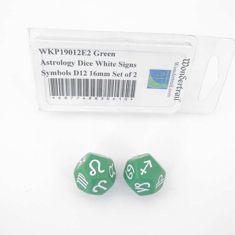 WKP19012E2 Green Astrology Dice White Signs Symbols D12 16mm Set of 2 (ONLINE ORDER ONLY)