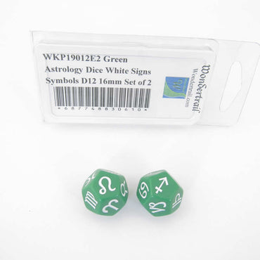WKP19012E2 Green Astrology Dice White Signs Symbols D12 16mm Set of 2 (ONLINE ORDER ONLY)