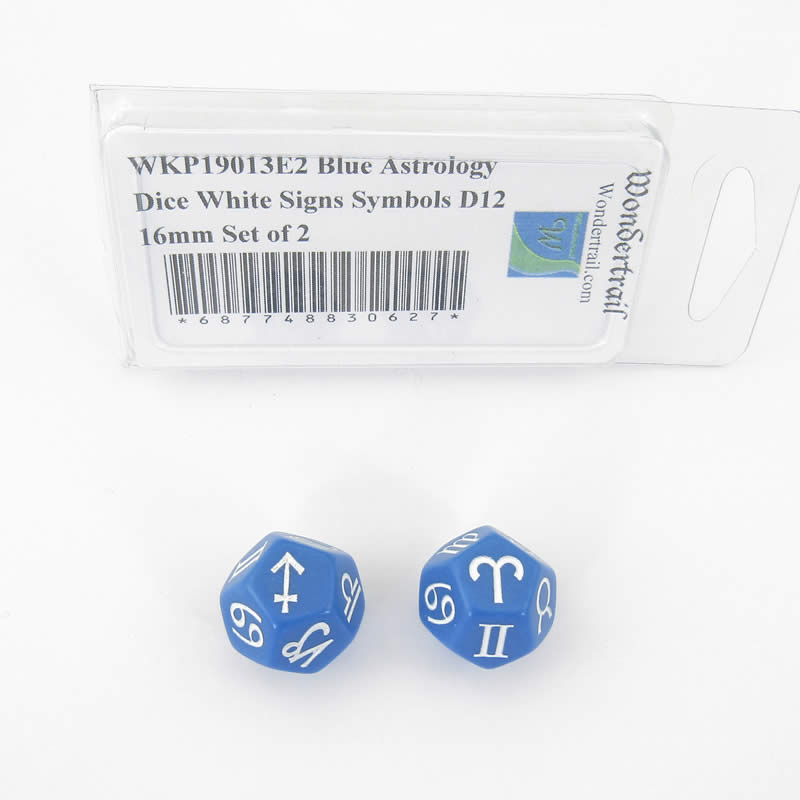 WKP19013E2 Blue Astrology Dice White Signs Symbols D12 16mm Set of 2 (ONLINE ORDER ONLY)
