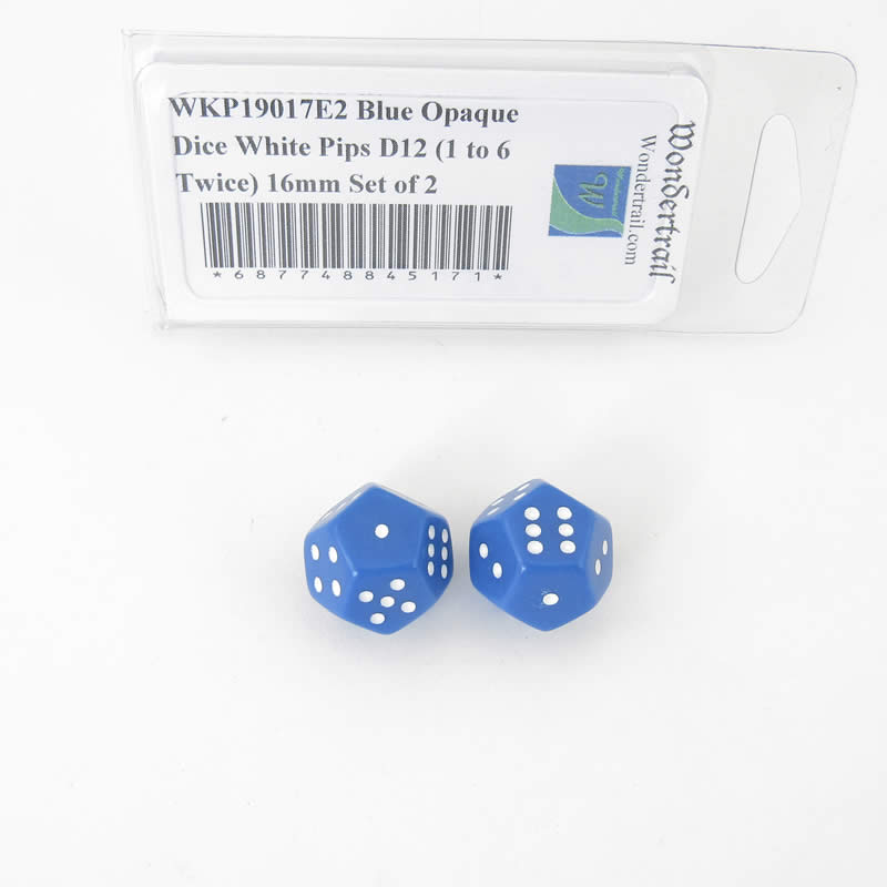 WKP19017E2 Blue Opaque Dice White Pips D12 (1 to 6 Twice) 16mm Set of 2 (ONLINE ORDER ONLY)