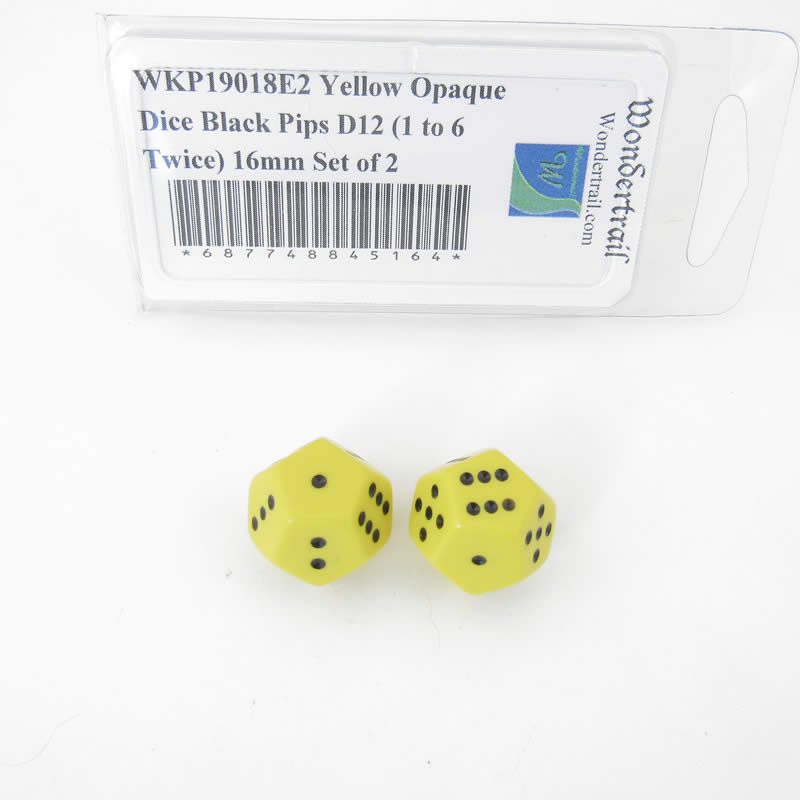 WKP19018E2 Yellow Opaque Dice Black Pips D12 (1 to 6 Twice) 16mm Set of 2 (ONLINE ORDER ONLY)