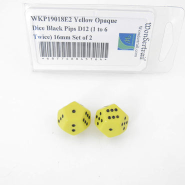 WKP19018E2 Yellow Opaque Dice Black Pips D12 (1 to 6 Twice) 16mm Set of 2 (ONLINE ORDER ONLY)