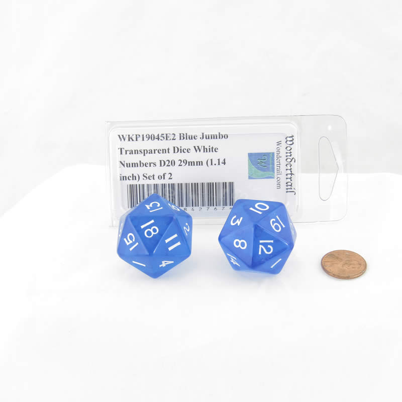 WKP19045E2 Blue Jumbo Transparent Dice White Numbers D20 29mm (1.14 inch) Set of 2 (ONLINE ORDER ONLY)