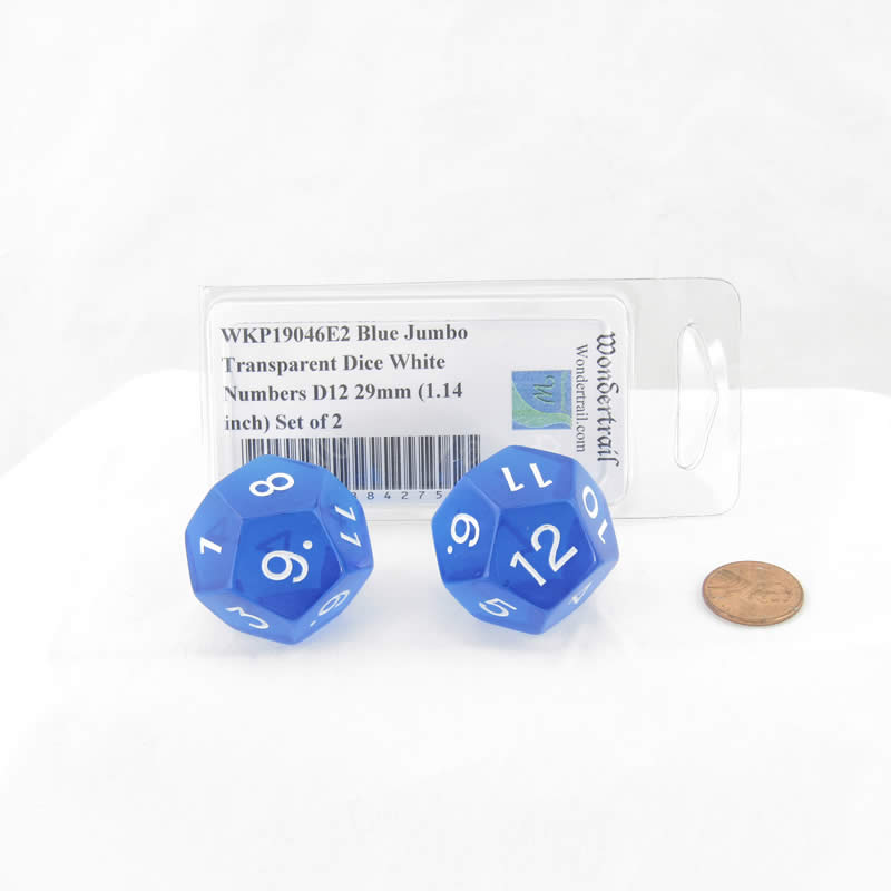 WKP19046E2 Blue Jumbo Transparent Dice White Numbers D12 29mm (1.14 inch) Set of 2 (ONLINE ORDER ONLY)
