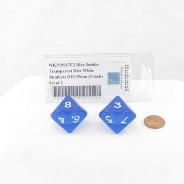 WKP19047E2 Blue Jumbo Transparent Dice White Numbers D10 25mm (1 inch) Set of 2 (ONLINE ORDER ONLY)