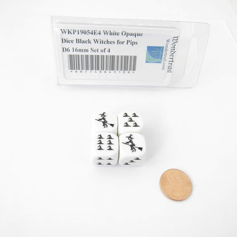 WKP19054E4 White Opaque Dice Black Witch Hats for Pips D6 16mm Set of 4 (ONLINE ORDER ONLY)