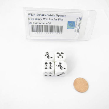 WKP19054E4 White Opaque Dice Black Witch Hats for Pips D6 16mm Set of 4 (ONLINE ORDER ONLY)