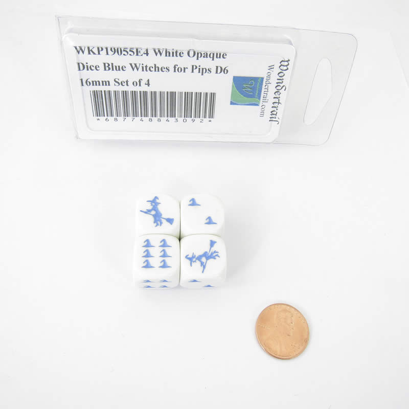 WKP19055E4 White Opaque Dice Blue Witch Hats for Pips D6 16mm Set of 4 (ONLINE ORDER ONLY)