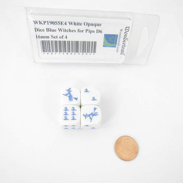 WKP19055E4 White Opaque Dice Blue Witch Hats for Pips D6 16mm Set of 4 (ONLINE ORDER ONLY)