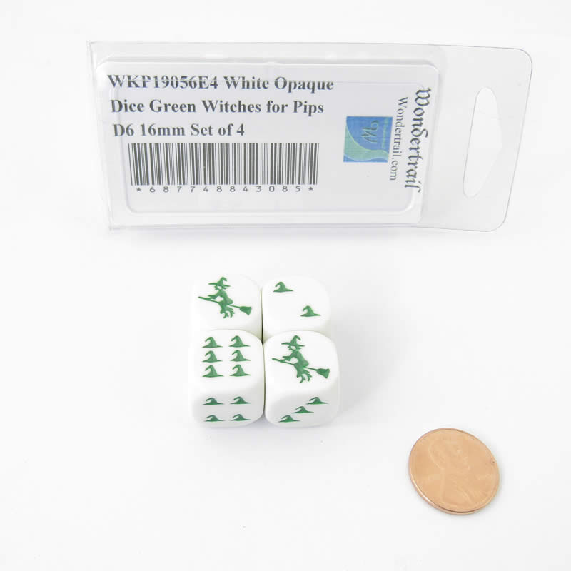 WKP19056E4 White Opaque Dice Green Witch Hats for Pips D6 16mm Set of 4 (ONLINE ORDER ONLY)