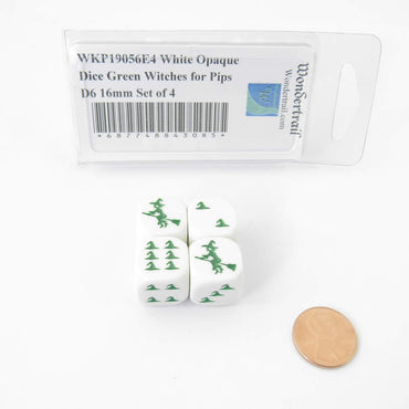WKP19056E4 White Opaque Dice Green Witch Hats for Pips D6 16mm Set of 4 (ONLINE ORDER ONLY)