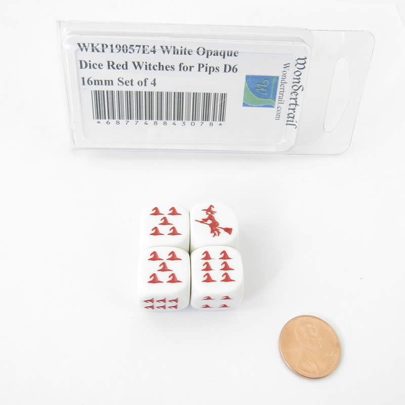 WKP19057E4 White Opaque Dice Red Witch Hats for Pips D6 16mm Set of 4 (ONLINE ORDER ONLY)