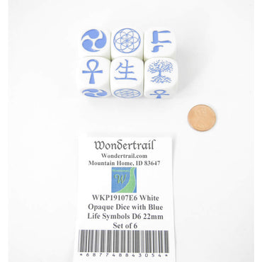 WKP19107E6 White Opaque Dice with Blue Life Symbols D6 22mm Set of 6 (ONLINE ORDER ONLY)