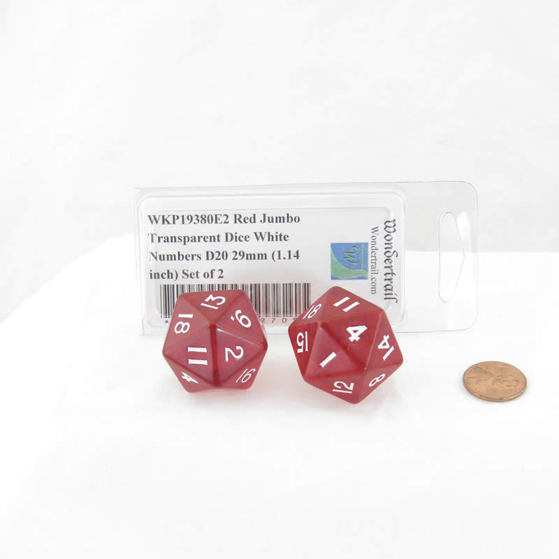WKP19380E2 Red Jumbo Transparent Dice White Numbers D20 29mm (1.14 inch) Set of 2 (ONLINE ORDER ONLY)