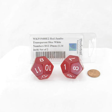WKP19400E2 Red Jumbo Transparent Dice White Numbers D12 29mm (1.14 inch) Set of 2 (ONLINE ORDER ONLY)