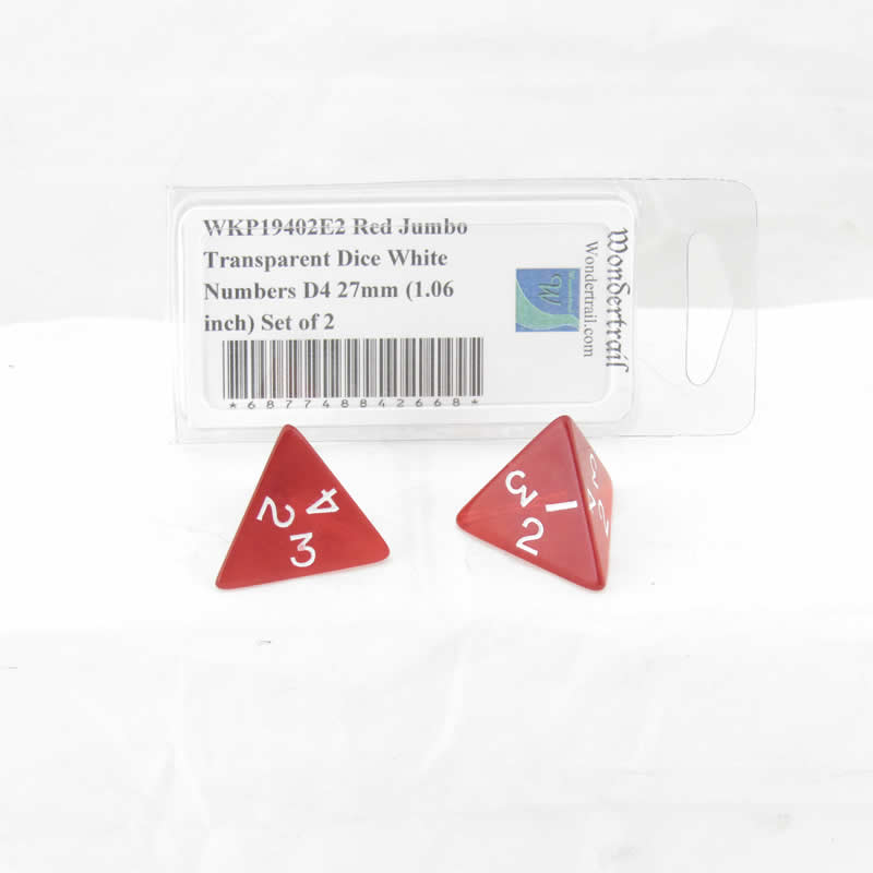 WKP19402E2 Red Jumbo Transparent Dice White Numbers D4 27mm (1.06 inch) Set of 2 (ONLINE ORDER ONLY)