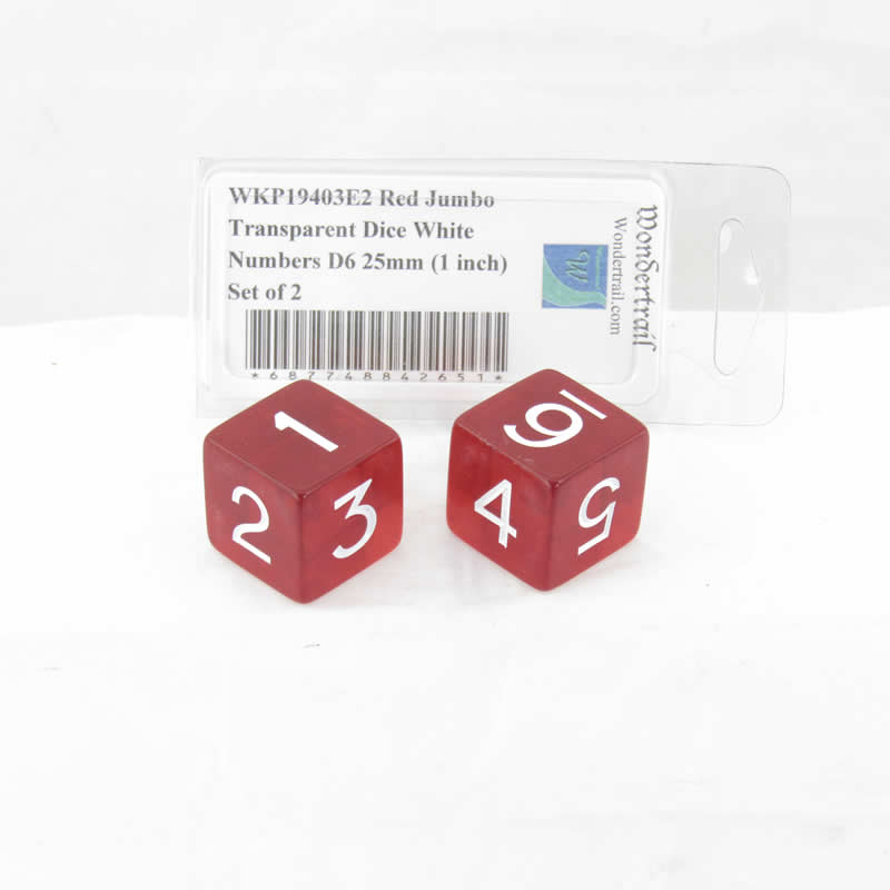 WKP19403E2 Red Jumbo Transparent Dice White Numbers D6 25mm (1 inch) Set of 2 (ONLINE ORDER ONLY)