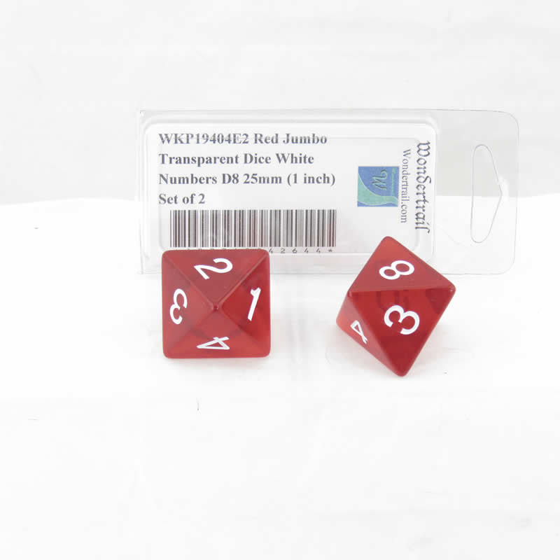 WKP19404E2 Red Jumbo Transparent Dice White Numbers D8 25mm (1 inch) Set of 2 (ONLINE ORDER ONLY)
