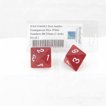 WKP19404E2 Red Jumbo Transparent Dice White Numbers D8 25mm (1 inch) Set of 2 (ONLINE ORDER ONLY)