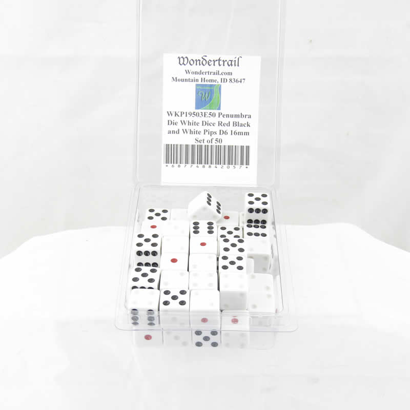 WKP19503E50 Penumbra Die White Dice Red Black and White Pips D6 16mm Set of 50 (ONLINE ORDER ONLY)