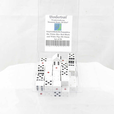 WKP19503E50 Penumbra Die White Dice Red Black and White Pips D6 16mm Set of 50 (ONLINE ORDER ONLY)