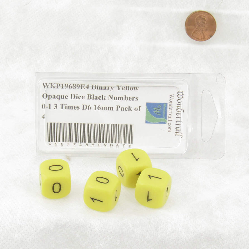 WKP19689E4 Binary Yellow Opaque Dice Black Numbers 0-1 3 Times D6 16mm Pack of 4 Dice (ONLINE ORDER ONLY)