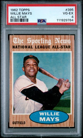 Graded 1962 Topps All Star Willie Mays #395 Baseball Card PSA 4 VG-EX (ONLINE ORDER ONLY)