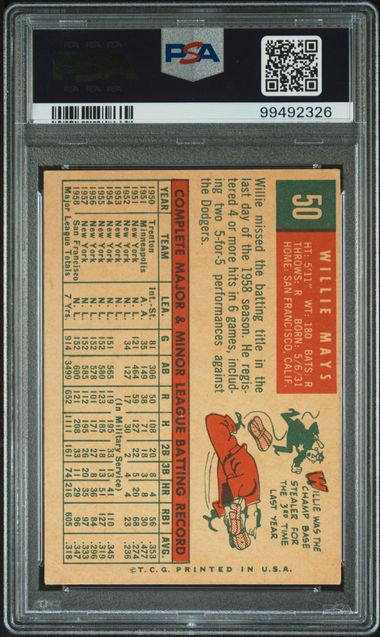 Graded 1959 Topps Willie Mays #50 Baseball Card PSA 3 Very Good (ONLINE ORDER ONLY)